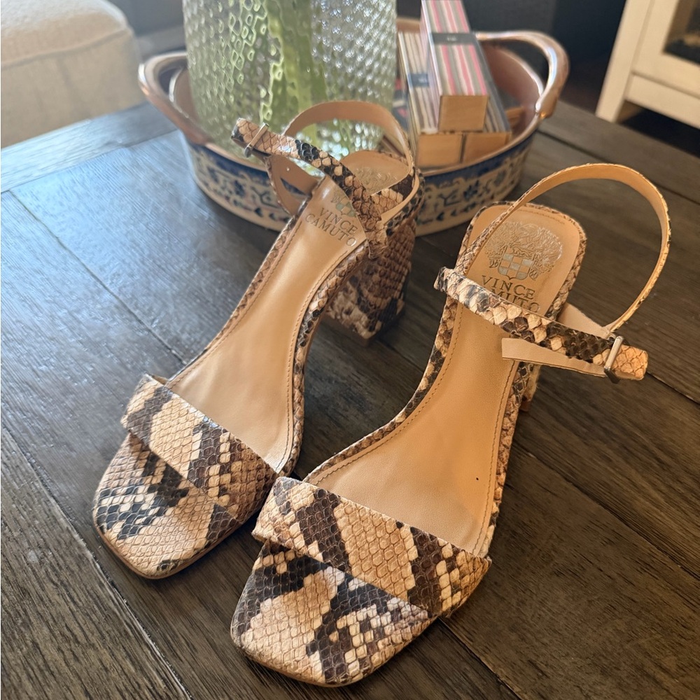 Vince Camuto Tan and Brown Snake-Print Block Heel Sandals